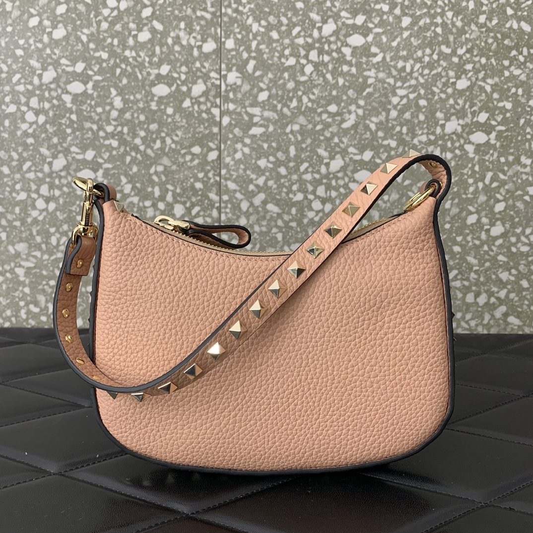 Valentino Garavani Rockstud Mini Hobo Bag in Nude Pink Grainy Calfskin